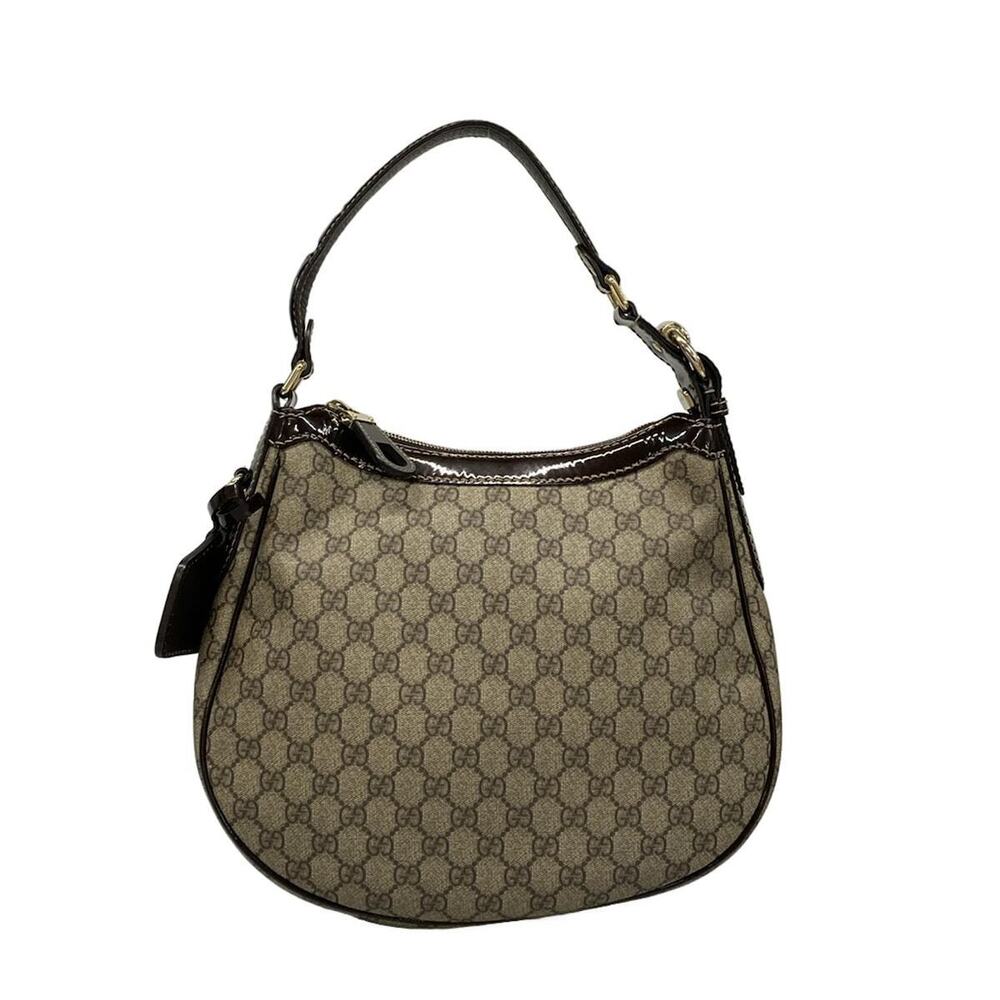 GUCCI GG Plus Supreme Shoulder Bag Beige Dark Brown Leather